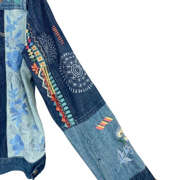 Johnny Was Floral Embroidered Denim Jacket Boho Patchwork Blue Jean Small - Picture 7 of 11